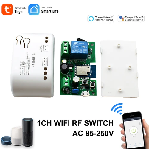 1CH RF 스마트 스위치, 와이파이 투야 리모컨 433 조명 스위치, 릴레이 자동 잠금 인칭 스위치, 10A, 12V, 24V, 7-32V, 85-250V 2