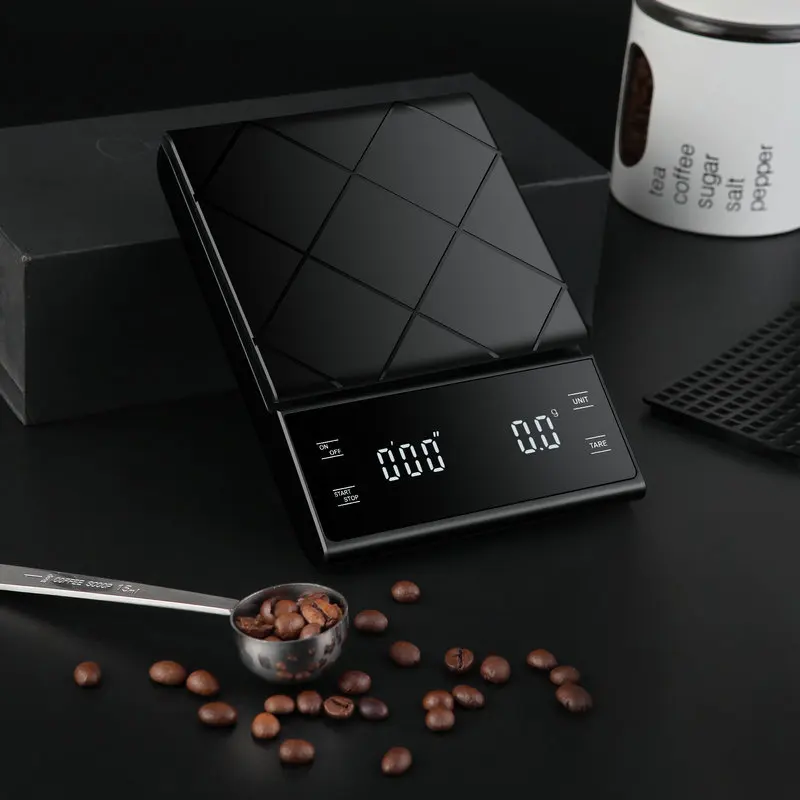 커피저울, 타이머 기능, 디지털 디스플레이, 최대 계량 3kg, 정확도 0.1g 식품 주방저울 그램 중량 소형 저울