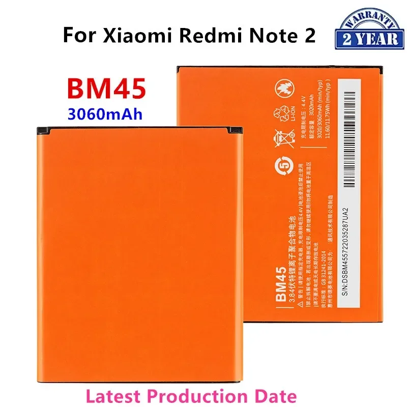 100% Оригинальный аккумулятор BM45 3060 мАч для Xiaomi Redmi Note 2 Hongmi Note 2 BM45 высококачественные сменные батареи для телефона
