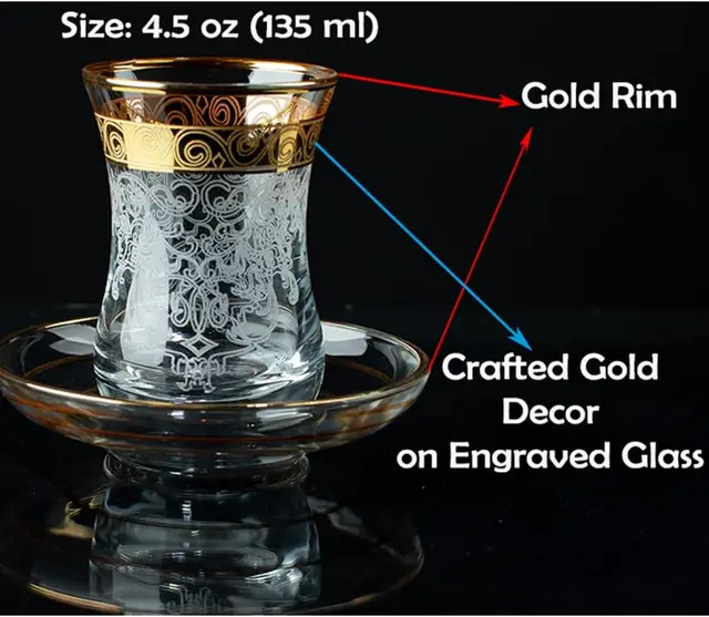 Vintage Turkish Tea Glasses Set of 6 – Gold Moroccan Style Cups & Saucers