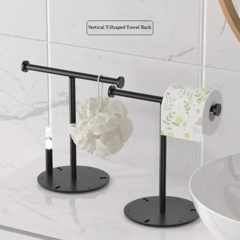 T-Shape Towels Bar Rack For Bathroom Vanity Countertop Black Carbon Steel Stable Free-Standing Towel Bar Vertical Towel Holder