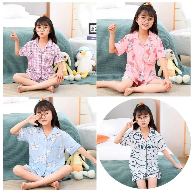 

Kawaii Sweet Kids Short Sleeve Shorts Pajamas Set Anime Sanrios My Melody Cinnamoroll Kuromi Cute Summer Loose Thin Home Clothes