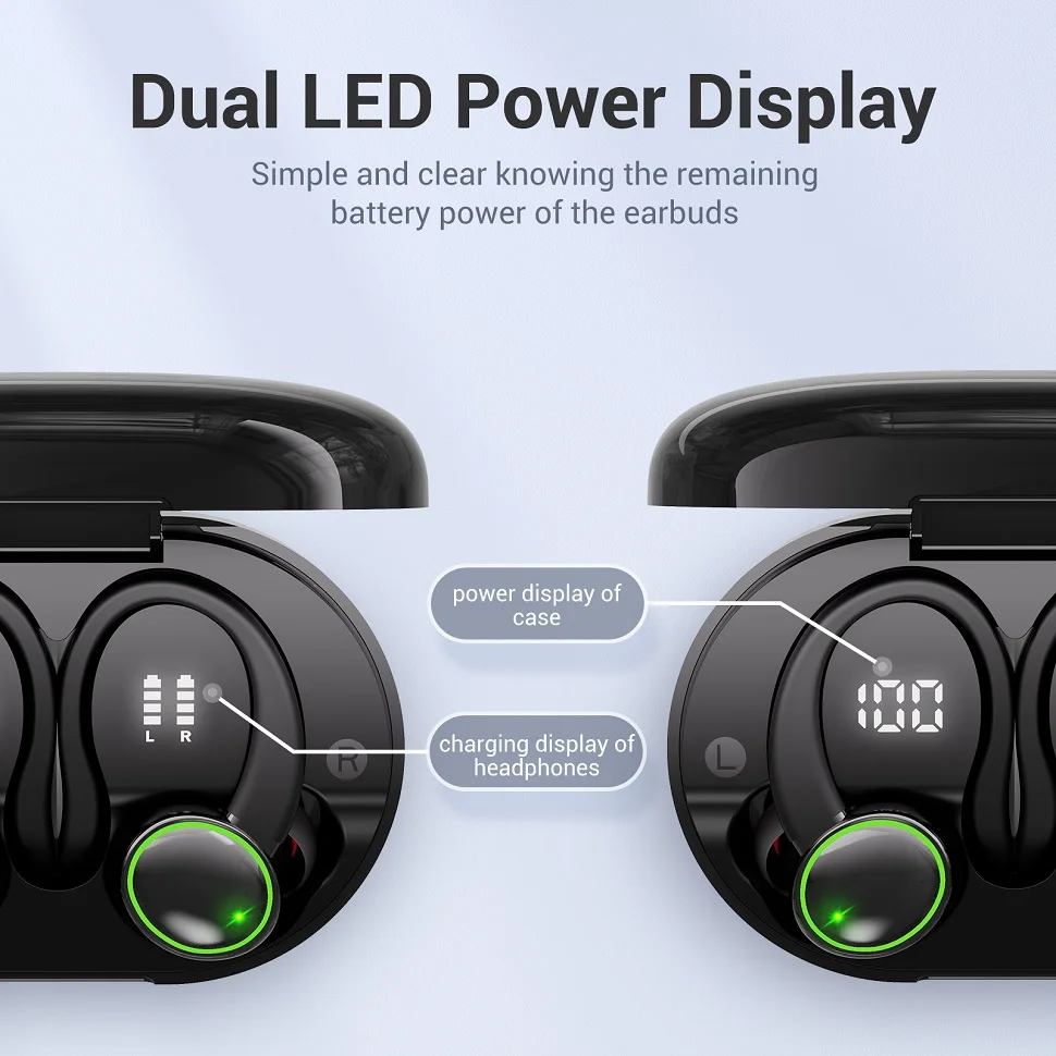Open Ear Headphones Wireless, 40H Playtime IPX5 Waterproof Bluetooth Earbuds Secure Fit For Glasses Wearers, Deep Bass Sport Headphones For Running Gym Power Display
