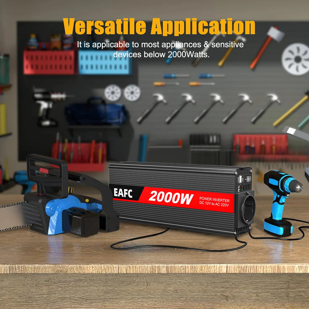 Inverter per Auto 500W-2000W Potenza di Picco, Convertitore a Onda Sinusoidale Modificata DC 12V-220V AC 50Hz, Trasformatore di Tensione con Presa EU - immagine 5