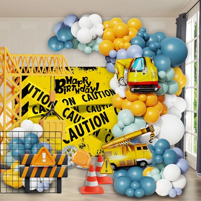 106-teiliges Ballonbogen-Set mit Baufahrzeug-Thema, große Kran- und Bagger-Folienballons, weiß, gelb, macaron-grüner Latex