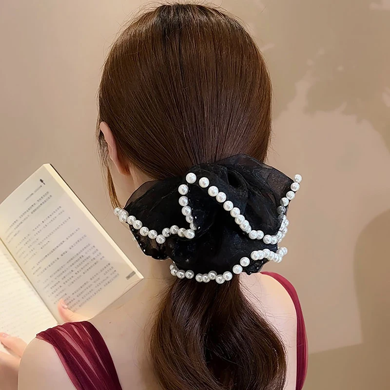 

Trendy Pearl Large Intestine Circle Fabric Hair Ring Women Elastic Intestine Ring Ponytail Hair Bands Hair Accessories for Girls