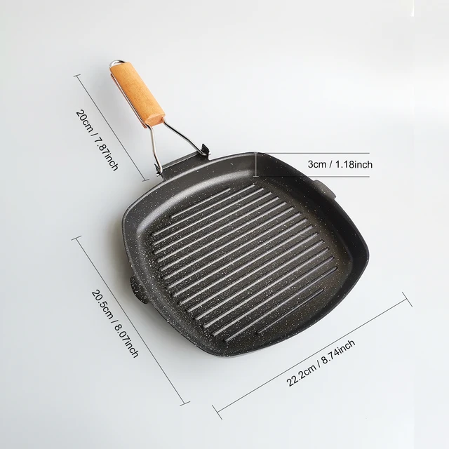 Padella portatile pieghevole Padella per picnic Padella antiscottatura Manico in legno Padella per griglia esterna Padella per bistecche a doppia bocca 2
