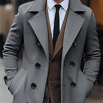 Autumn Winter Men's Woolen Coats Business Casual Fashion Double Breasted Long Woolen Trench Male England Style Wool Blends Coat 5