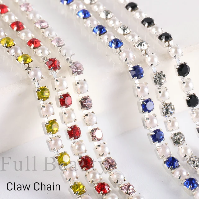 Colorful-Pearl-Claw-Nails-Rhinestones-Chain-3D-Shiny-Diamond-Charms-Decoration-Silver-Base-Kawaii-Metal-Parts jpg