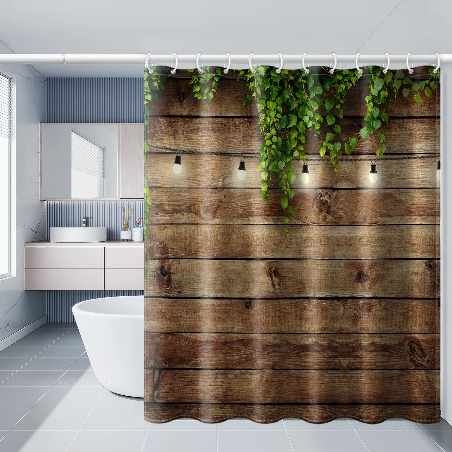 4-piece set of ivy and brown wooden board printed waterproof shower curtain, with 12 hooks and bathroom floor mats 4