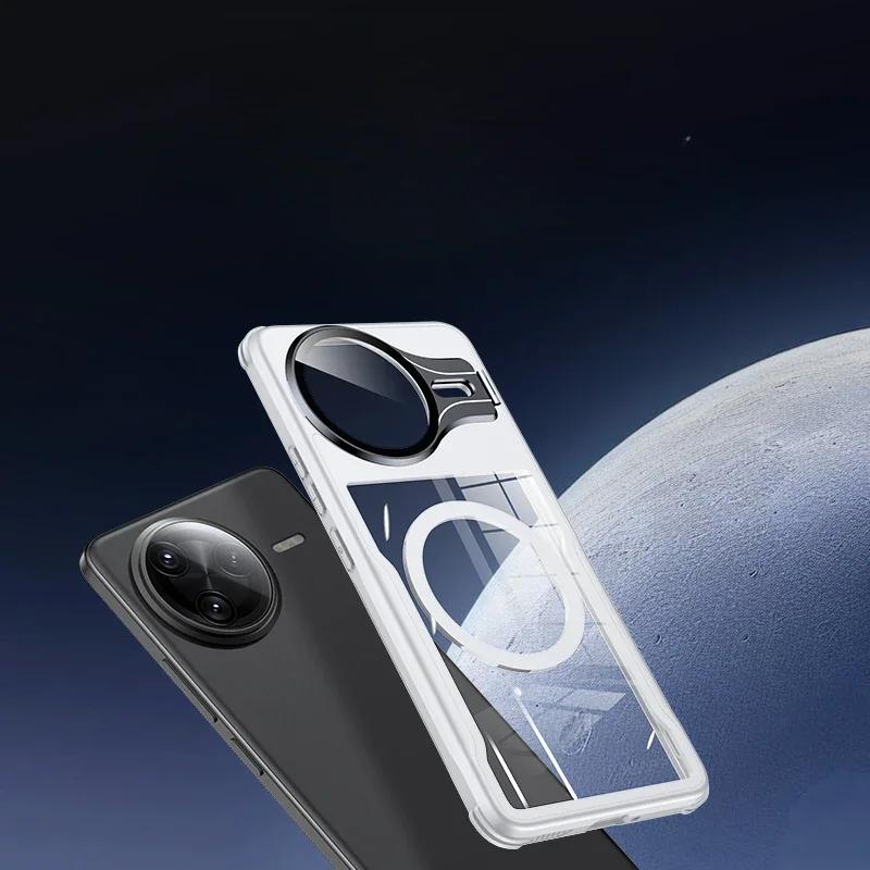 Luxury Acrylic Clear Magnetic Wireless Charge Shockproof Case with Camera Lens Protective Bracket Cover