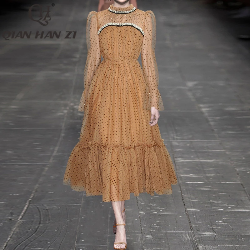 

Qian Han Zi Designer Fashion Vintage Long Dress For women Long sleeved Mesh Lace Dots Beading Slim party Maxi Dress