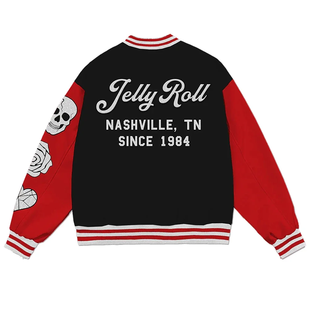 Jelly Roll Skull Baseball Jacket Men Bomber Jacket Outerwear Backroad Baptism Tour Merch Baseball Uniform Casual Tracksuit 3