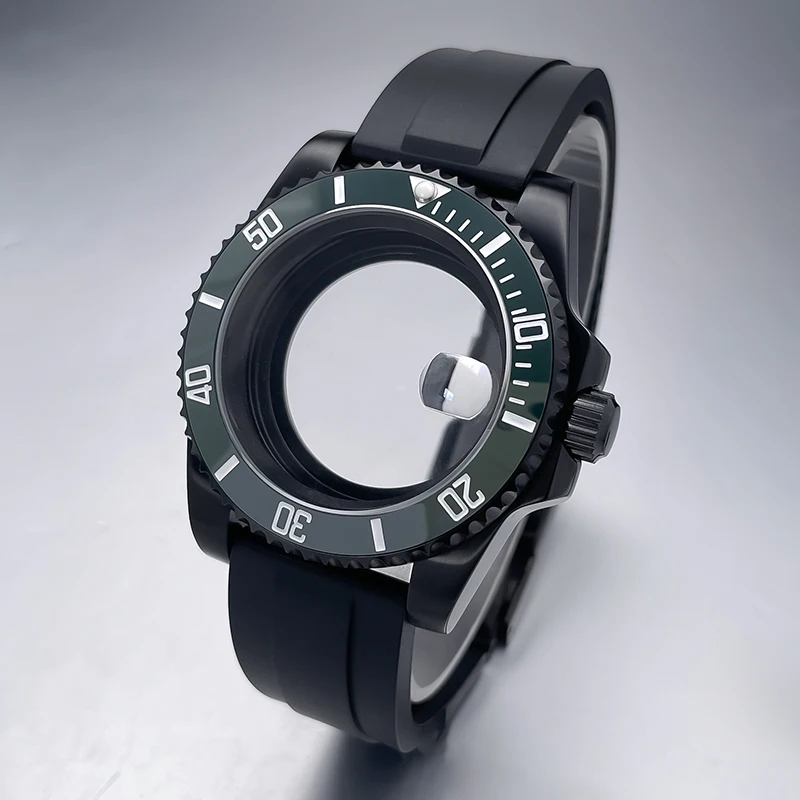 All-Black Sub Style Watch Case with Rubber Strap and Sapphire Crystal