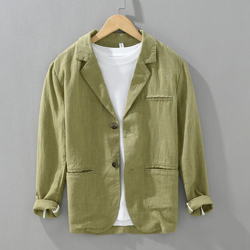 New Cotton Linen Men's Blazer Spring Summer Daily Casual Man Blazers Loose Green Suit Jackets Japanese Retro Youth Male Suit