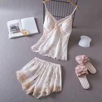 Lisacmvpnel Ice Silk With Chest Pad Women 2 Pcs Set Pajamas Lace Sexy V-Neck Sexy Nightwear - Image 6