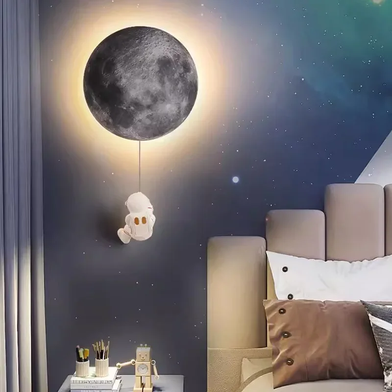 

Modern LED Wall Lamp Minimalist Astronaut Round Resin Moon Light For Bedrooms Bedside Living Room Backdrop Illumination Fixtures