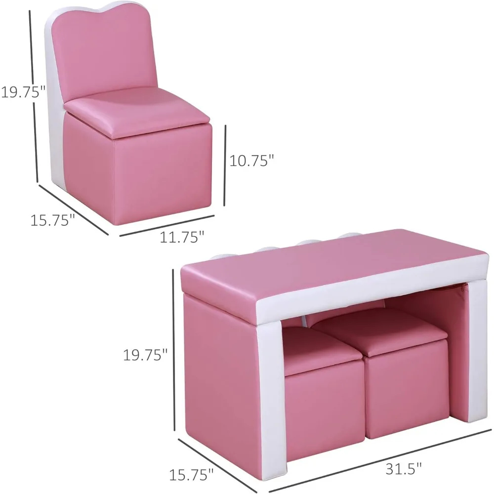 Kids Sofa Set 2-in-1 Multi-Functional Toddler Table Chair Set 2 Seat Couch Storage Box Soft Sturdy Pink