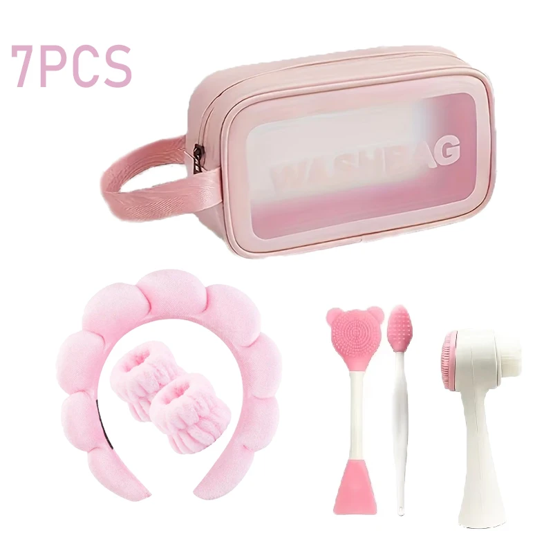 7-piece beauty makeup set, makeup tool kit, including 3-piece headband set, facial cleanser and facial cleaning tools, etc. 1
