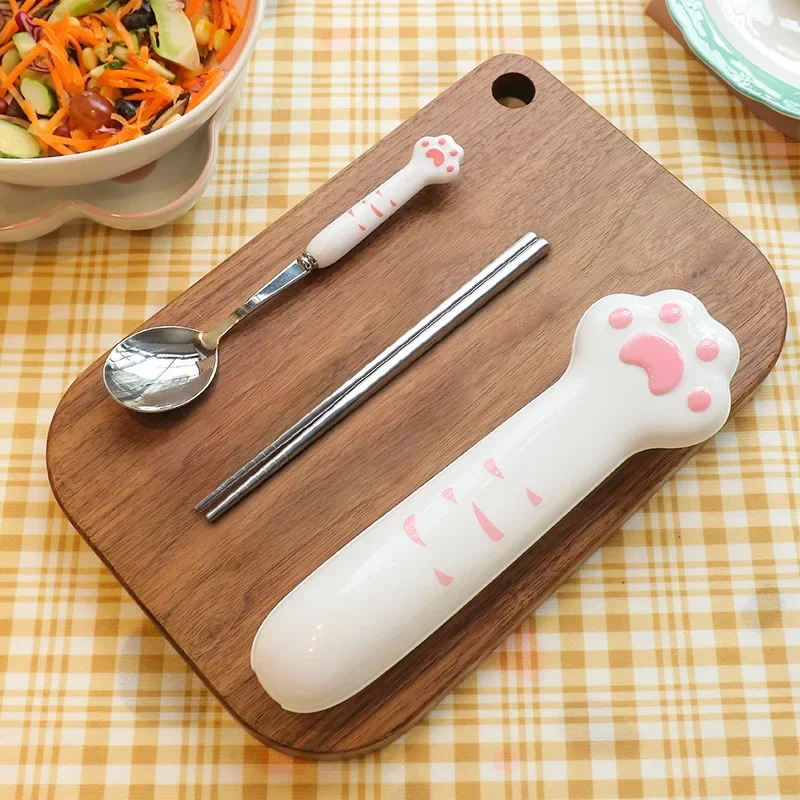 Cartoon Cute Cat Claw Spoon Fork Chopstick Set Student Children Outdoor Camping Portable Tableware Set