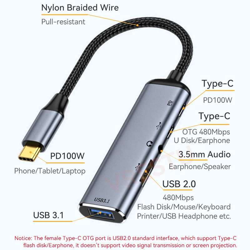 Type-C to USBC Female OTG 3.5mm Jack USB3.1 2.0 10Gbps PD100W Fast Charge Adapter HUB for Macbook iPad Samsung Steam Deck Switch 3