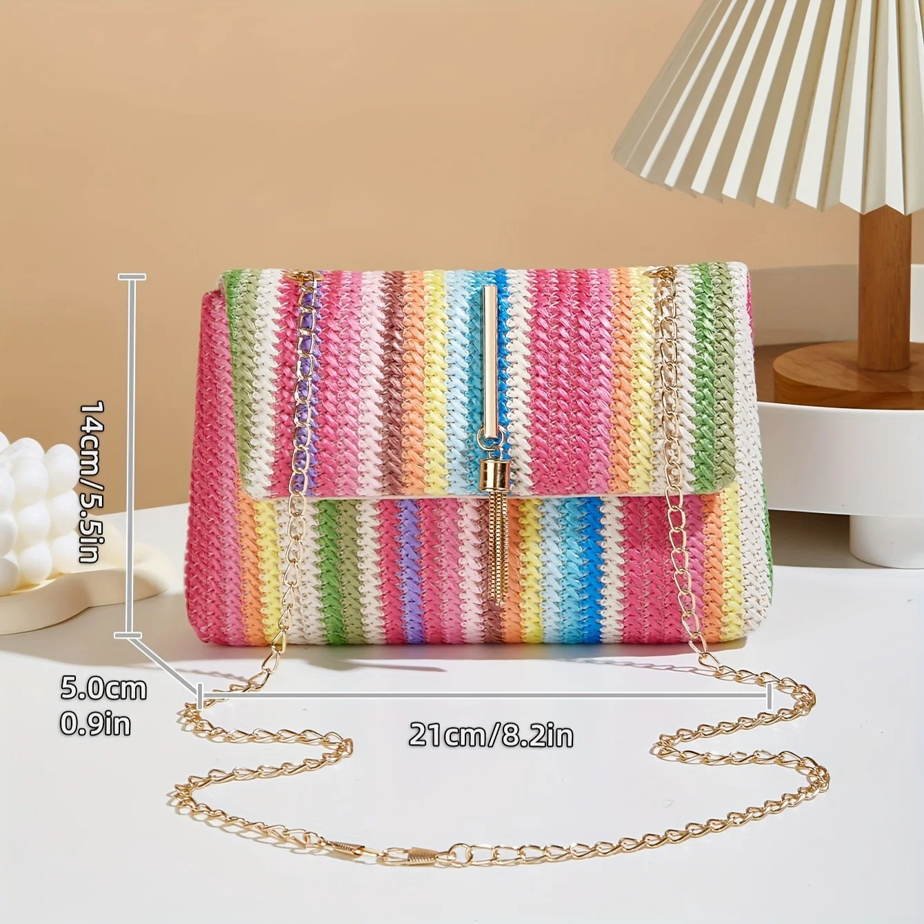 Chic Rainbow Stripe Straw Crossbody Bag for Women Adjustable Shoulder Strap Magnetic Closure Tassel Accent, Fashion Square Purse