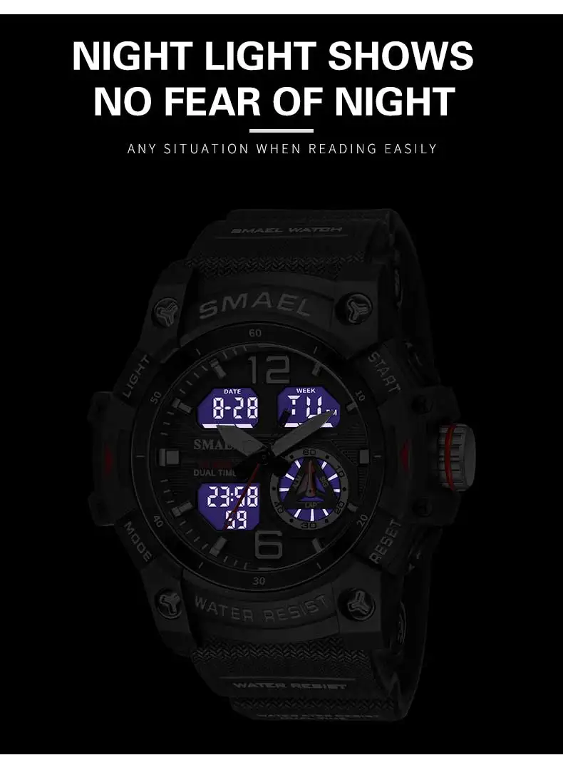 SMAEL Sportuhr, Militär-Armbanduhr für Herren, Alarm, Stoppuhr, LED, digitale Hintergrundbeleuchtung, Dual-Zeitanzeige, wasserdichte Uhr für Herren, 8007 – Detail 3
