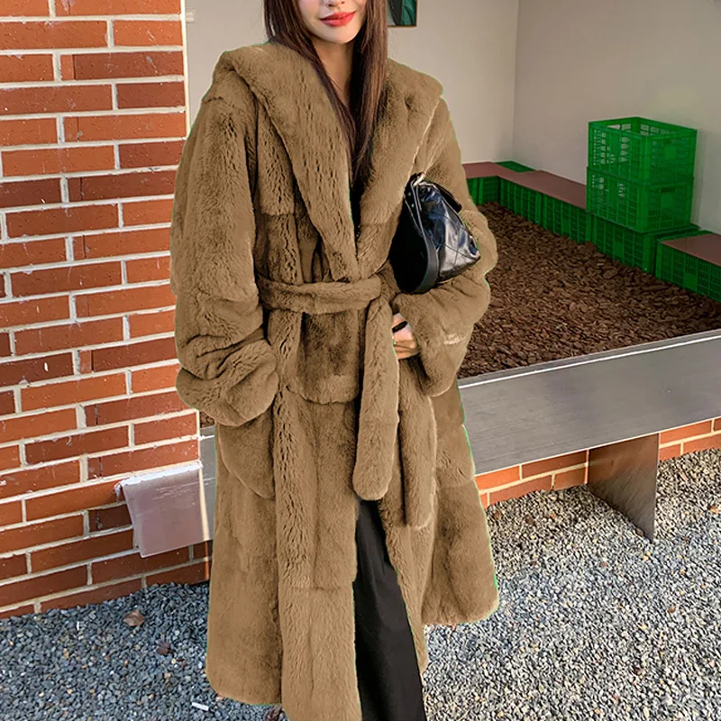 Luxury Brand Winter Long Fur Coat Women Warm Thick Faux Fur Jacket Hooded Chic Long Coat Lace-up Long Sleeve Outerwear New