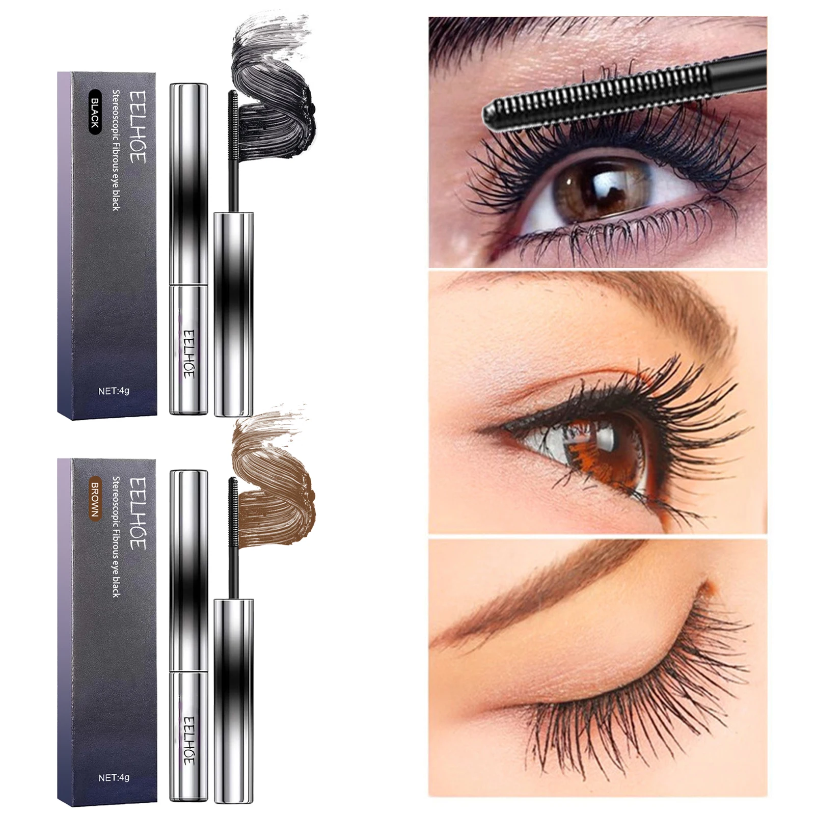 EELHOE Mascara 3D Fiber Lashes Thick Lengthening Long Black/brown Lash Eyelash Extension Eye Lashes Brush Makeup Eye-Cosmetics