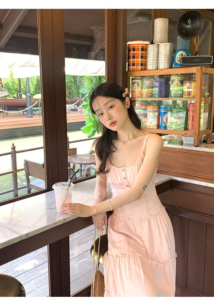 French Elegant Dresses for Women Solid Spaghetti Strap Summer New Ruffles A-line Casual Korean Chic Midi Vestidos Mujer