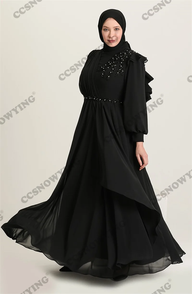 

Chiffon Appliques Beaded Muslim Evening Dresses Long Sleeve Islamic Formal Party Gowns High Neck Women Arabic Robes De Soirée