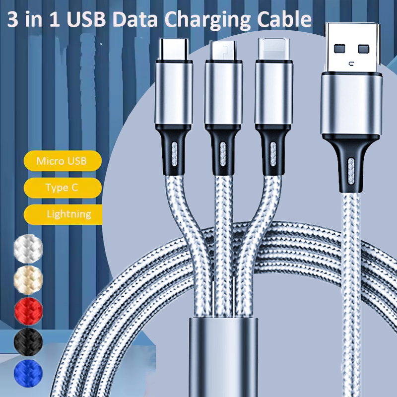 3 IN 1 USB Cable Micro USB Type C Charger Cable Multi 2A Usb Port Fast Charging Cord For Xiaomi iPhone 11 12 13 Pro Max Samsung