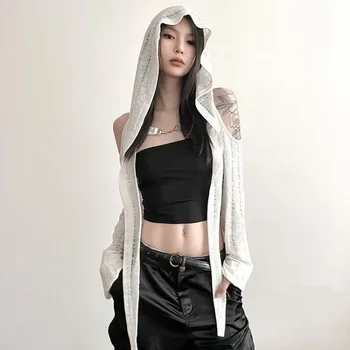 2026 Long Sleeve Hooded T-shirts Off Shoulder Sexy Harajuku Tshirts Women Y2k Aesthetic Grunge Streetwear Crop Top Thin Cardigan 1