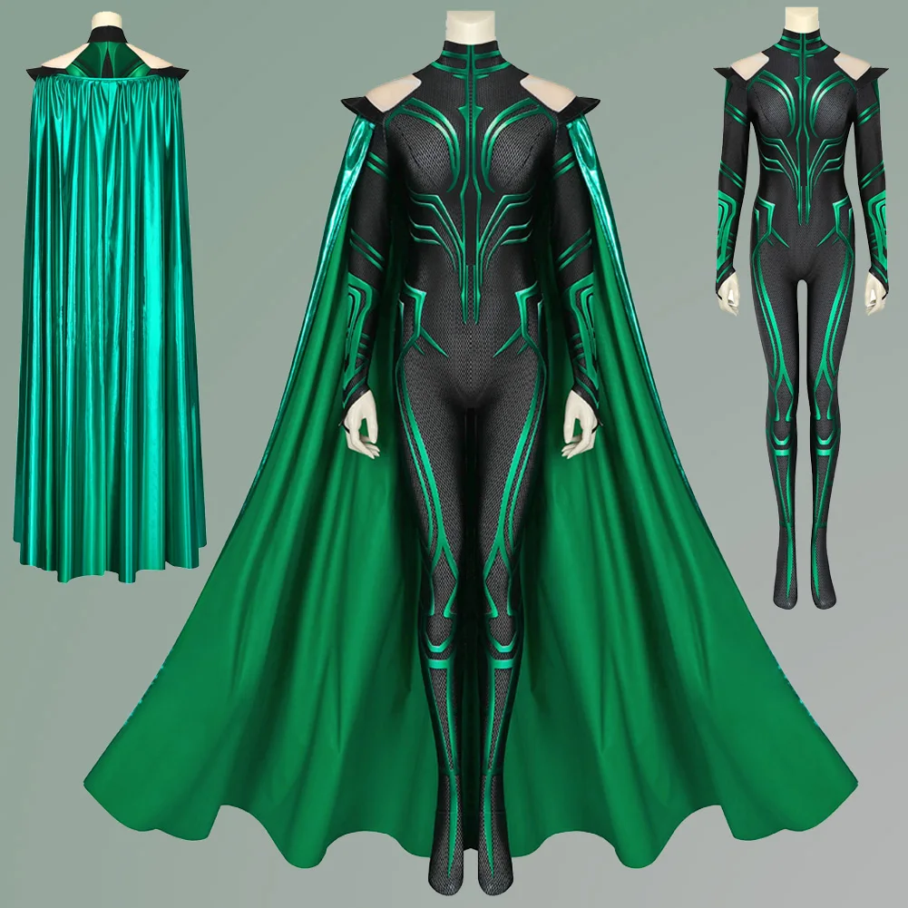 

Women Hela Cospaly Green Cloak Jumpsuit Outfits Movie Female Super Villain Roleplay Costume Female Halloween Party Fantasia Suit