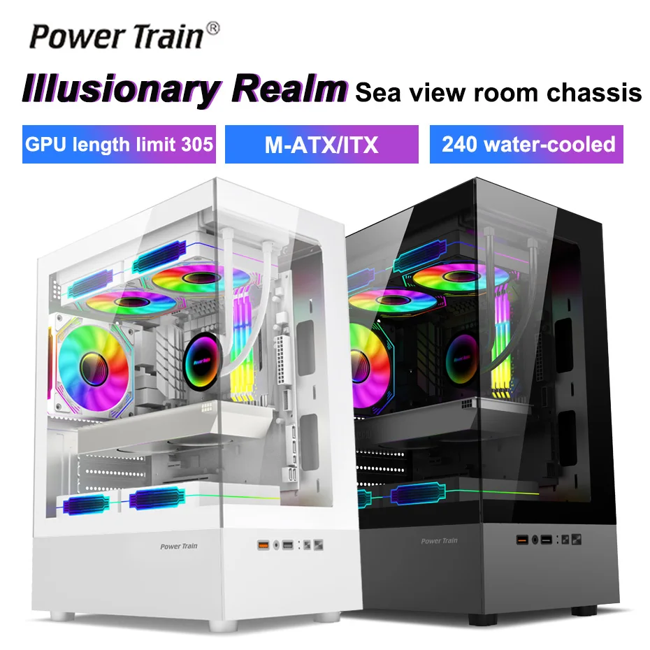 Power Train Illusionary Realm Computer Case M-ATX ITX Seaview Room Side Transparent Desktop Chassis Support 240 Water Cooler