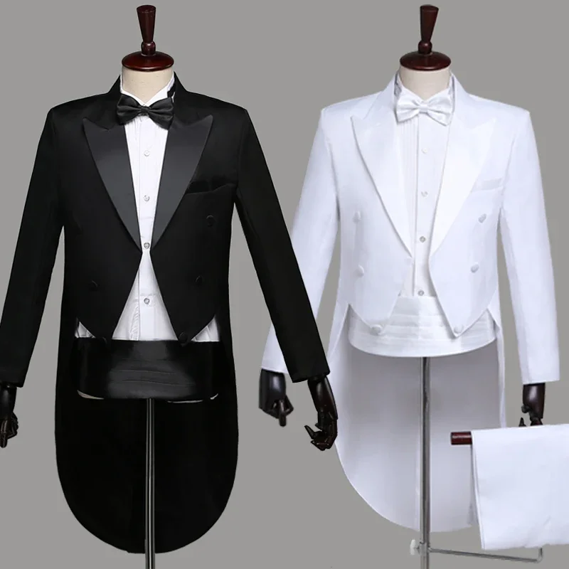 

New Mens Tailcoat Suit Classic Black White Shiny Lapel Tail Coat Tuxedo Wedding Groom Stage Singer Costumes Four Piece Suit