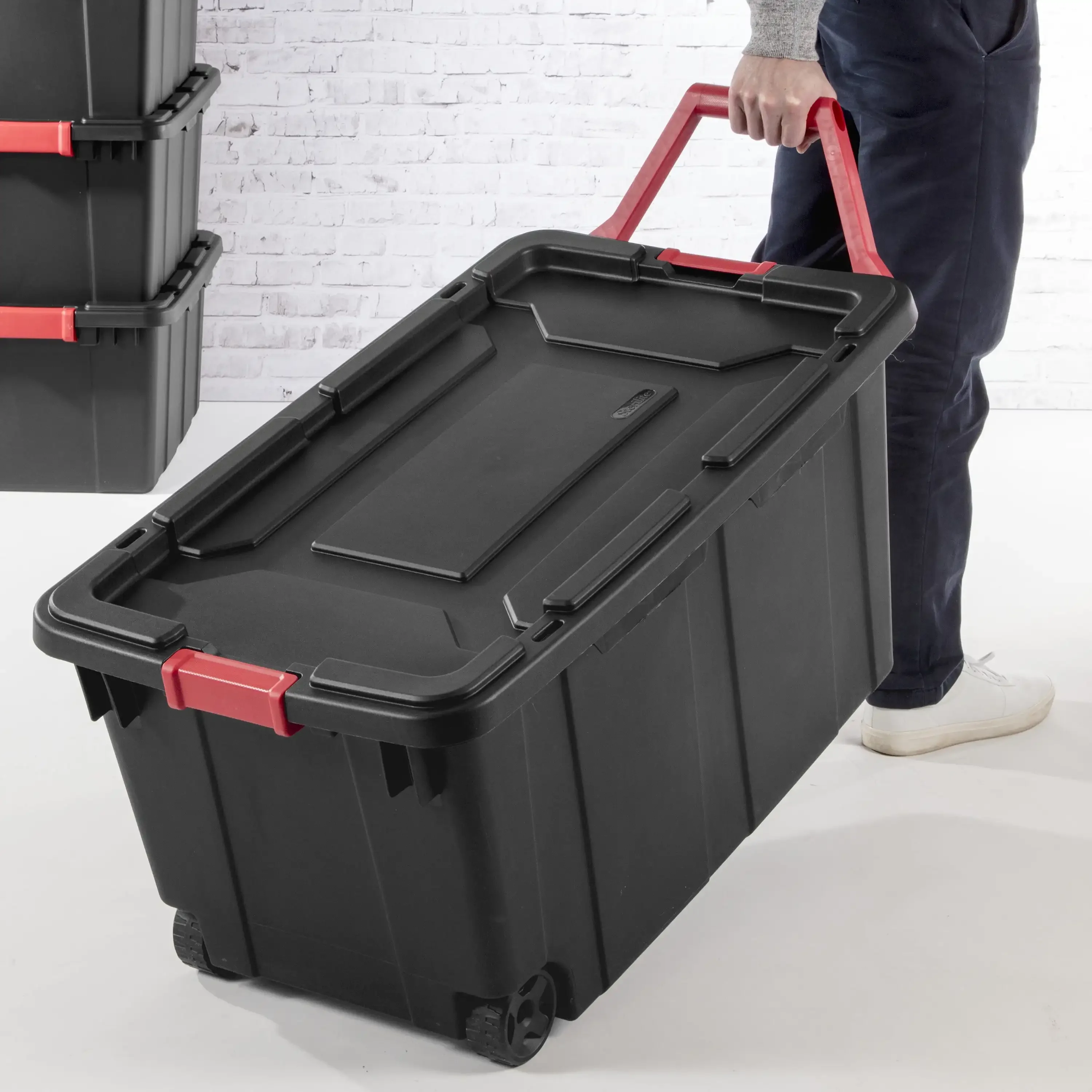 

40 Gallon Wheeled Industrial Tote Plastic, Black, Set of 2