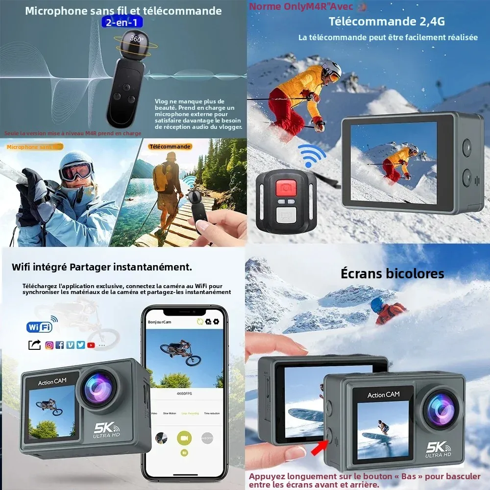 Caméra action 4K étanche 30m fixée sur un support, prête pour l'aventure sous-marine