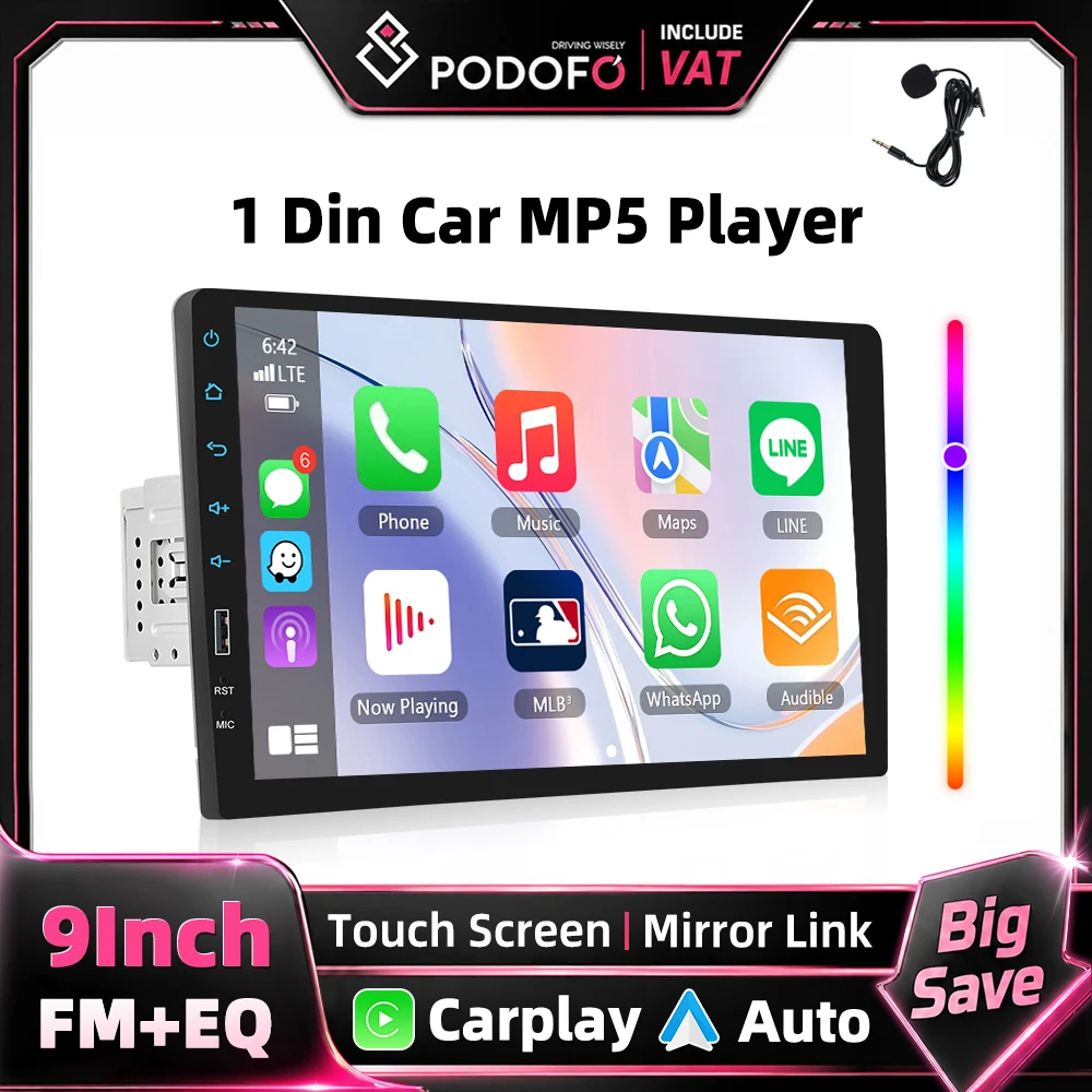 Radio Estéreo para Vehículo Podofo 1Din, Reproductor con Pantalla Táctil de 9 Pulgadas, Compatible con Carplay, Android Auto, Bluetooth, FM, Mirror Link, USB, Dispositivo de Audio Multimedia para Auto 1