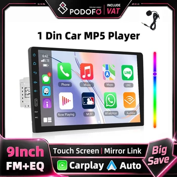 Radio Estéreo para Vehículo Podofo 1Din, Reproductor con Pantalla Táctil de 9 Pulgadas, Compatible con Carplay, Android Auto, Bluetooth, FM, Mirror Link, USB, Dispositivo de Audio Multimedia para Auto 1
