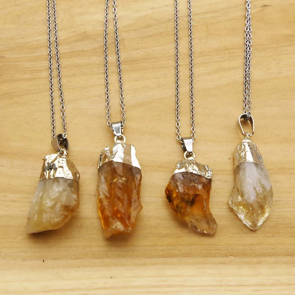 Natural Topaz Raw Ore Irregular Topaz Pendant Electroplated Wrapped Stainless Steel Necklace DIY Reiki Charm Jewelry Gift 4Pcs