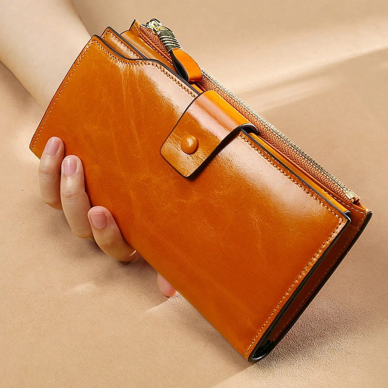 

Luxury Brown Pink Red Women Wallets Genuine Leather Long Zipper Clutch Purse RFID Blocking Wallet Card Holder Wallet