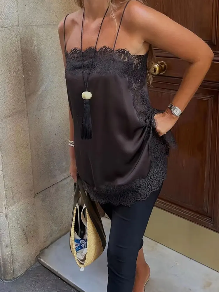 HH Women Elegant Solid Floral Lace Camis Tops Backless Sleeveless Spaghetti Strap Tank Top Fashion Evening Club Party Chic Tops