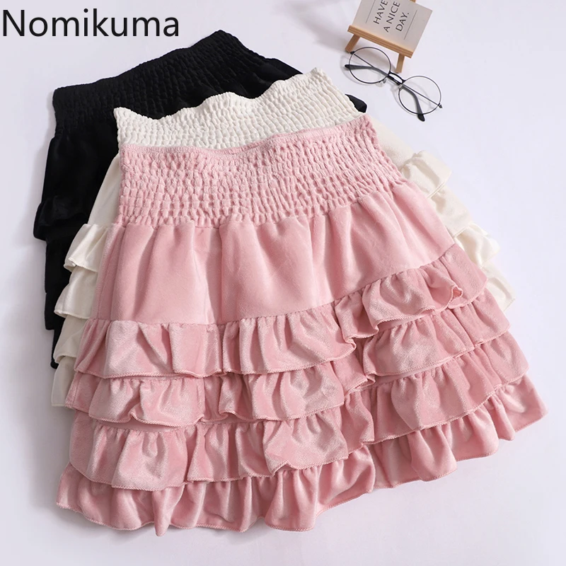 

Sweet Skirts for Women Japanese Jupe High Waist A-line Ruffles Saia 2024 Faldas Mujer De Moda Fashion Velvet Cute Mini Skirt