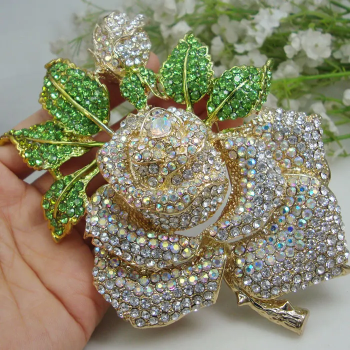 Crystal Brooch Fashion Rose Flower Bud Leaf Clear ABA Crystal Woman's Brooch Pin