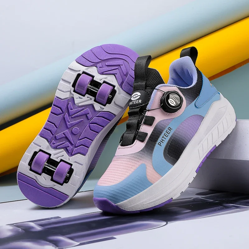 Children's Casual Sports Shoes Rotating Buckle Comfortable Breathable Trendy Gradient Boys and Girls Roller Skates Running Shoe