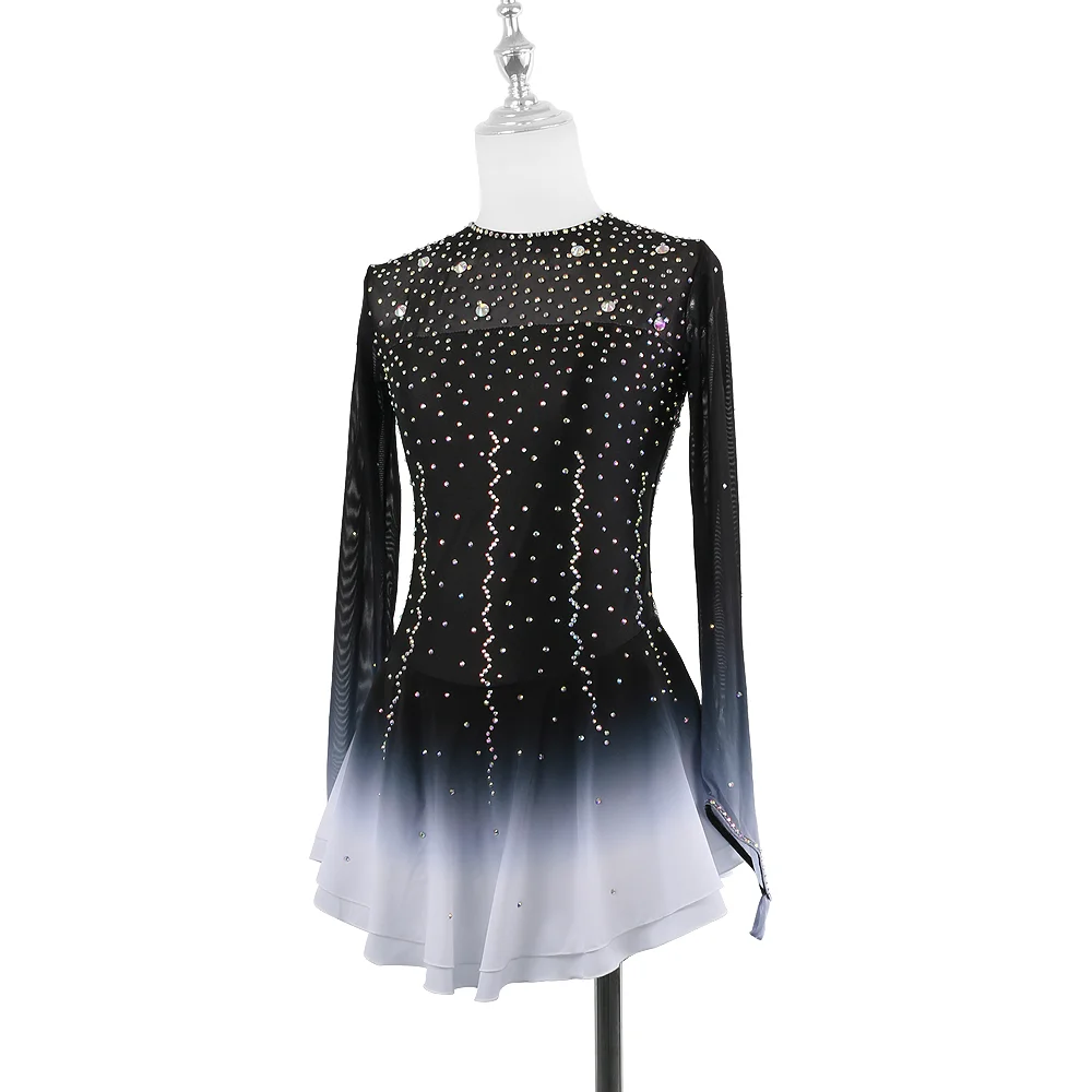 ZAGITOVA Figure Skating Dress For Women And Girls Long Sleeved Ice Skating Clothes Black And White Gradient With Rhinestones
