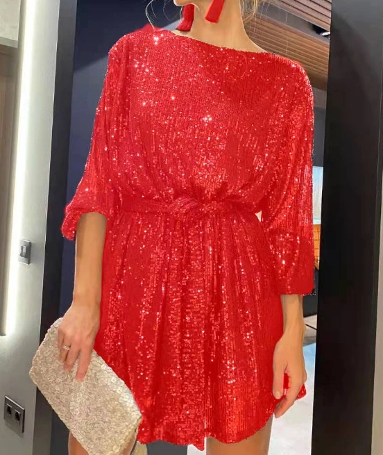 

Sequin Dress for Women Spring Summer Fashion Fairy Skirt Round Neck Sequin Casual Style Slim Fit Bandage Mini Party Dresses