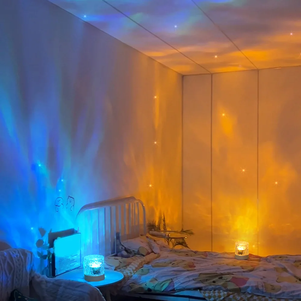LED 야간 조명 USB 물 잔물결 크리스탈 프로젝터 램프, 조도 조절 침실 거실 책상 램프, 홈 룸 장식, 16 색