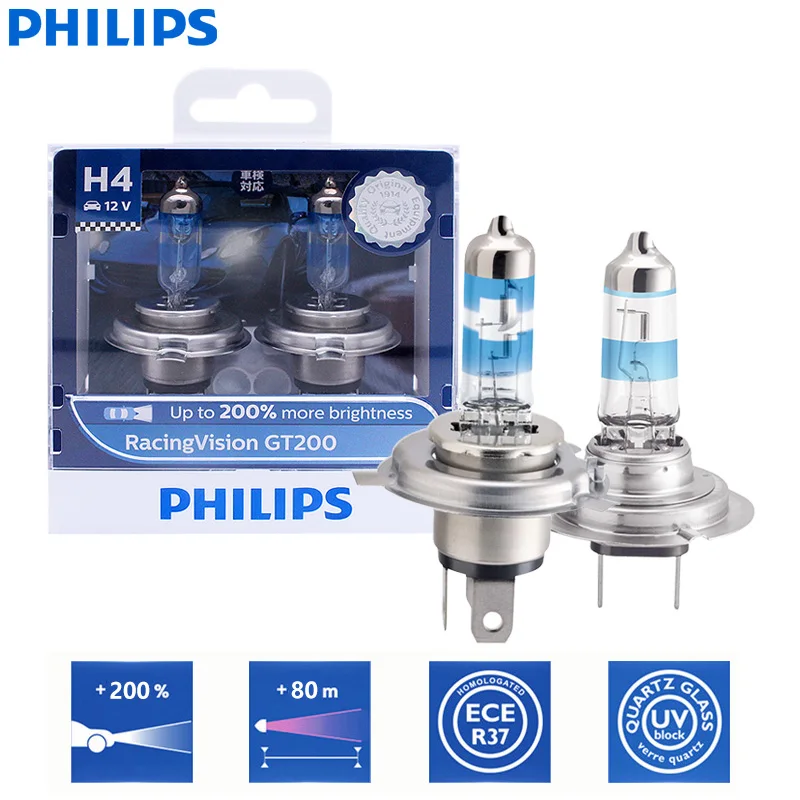 Philips Racing Vision GT200 H4 H7 12V + 200% สว่างกว่าฮาโลเจนไฟหน้า  Original Auto โคมไฟสูงต่ำ beam ECE, 2Pcs